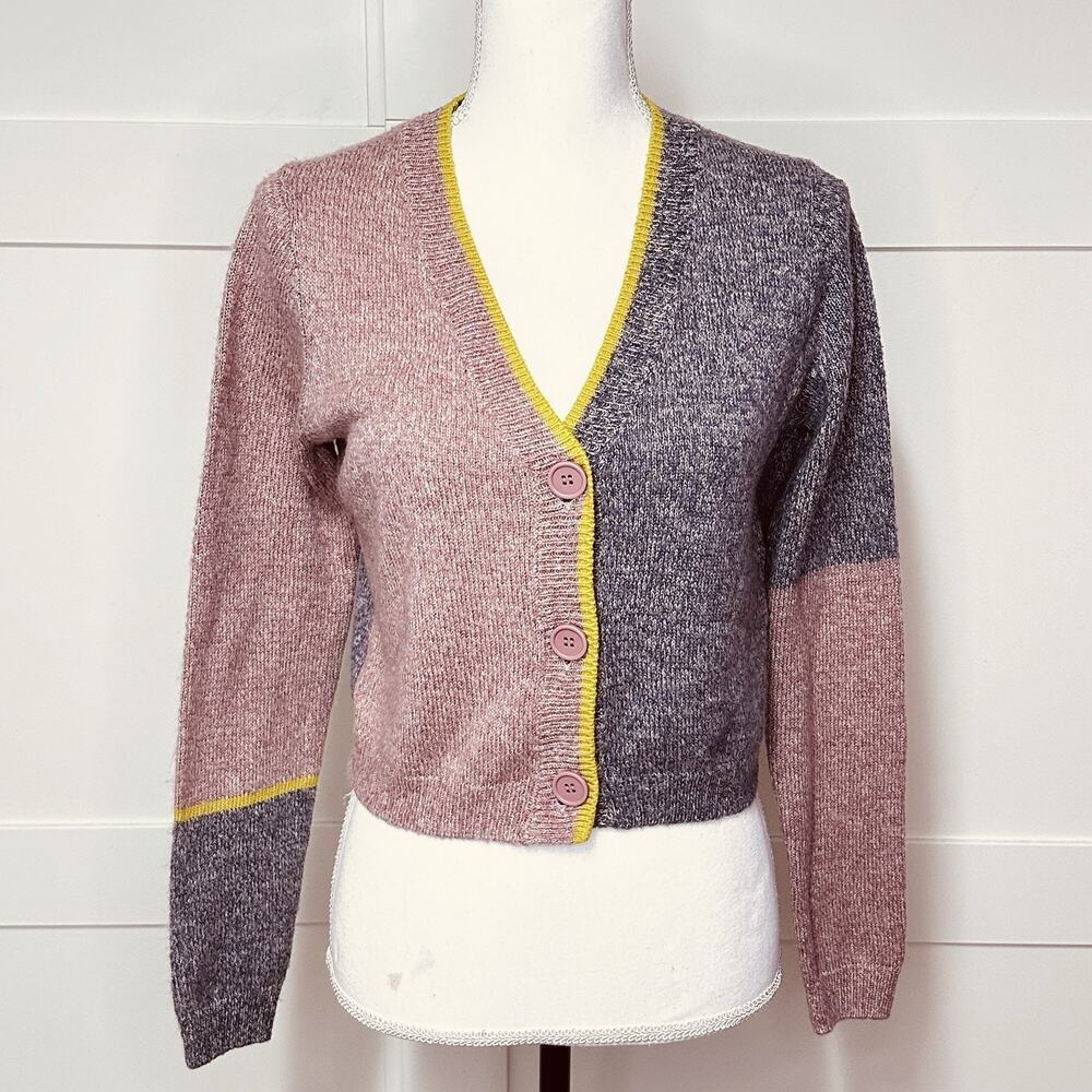 525 America Small Pink Purple Knit Color Block Crop Long Sleeve Cardigan Sweater